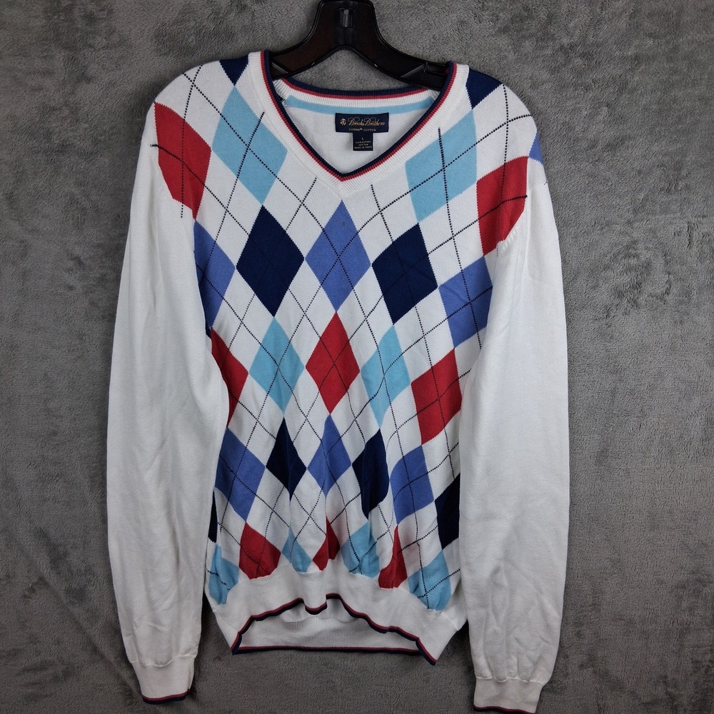 Brooks Brothers Sweater Mens Large White Argyle Supima Cotton V-Neck Preppy